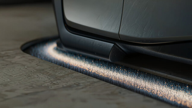 close up macro view of futuristic wireless electric vehicle charging pad glowing with blue and gold light particles under car underbody showing inductive power transfer technology concept