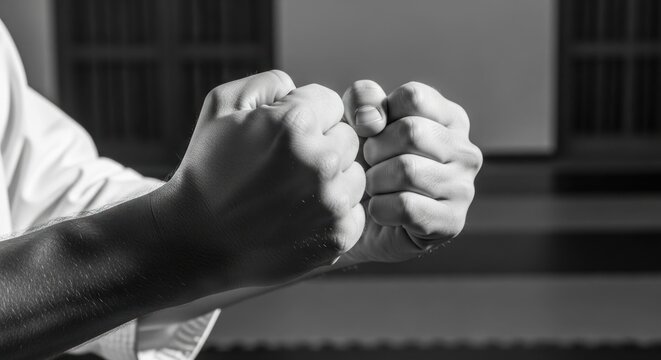 Closeup Black and White Image of Karate Practitioners Fists Ready for Action.