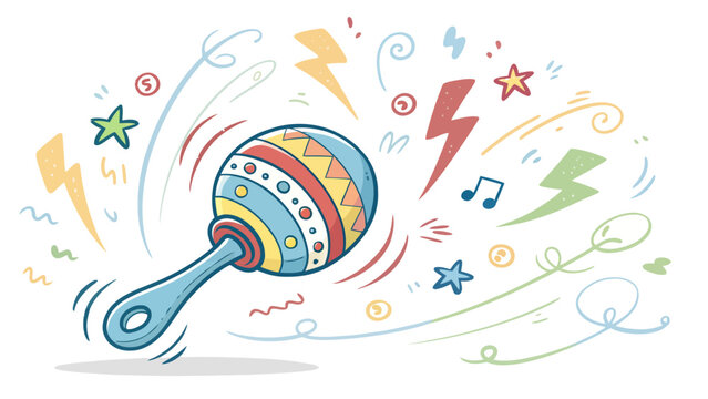 Cartoon maraca musical instrument illustration with decorative elements like stars, lightning bolts, and musical notes