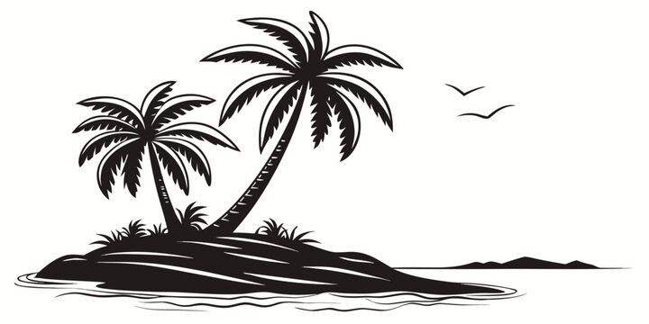 Tropical island with two palm trees silhouette island life summer time tropical silhouette vacation paradise landscape illustration environment shoreline coastline isolated peaceful
