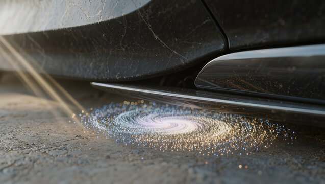 extreme close up macro shot of black car underbody side skirt with glowing spiral galaxy vortex of blue and gold light particles on asphalt ground surreal futuristic energy concept