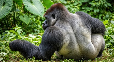 Obraz premium Majestic silverback gorilla resting calmly in its natural lush green jungle habitat surrounded by vibrant foliage and plants.