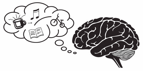 Black and white human brain illustrating personal interests and thoughts with thinking intelligence creativity cognitive lifestyle reflection imagination psychology knowledge illustration © RABBYMIA