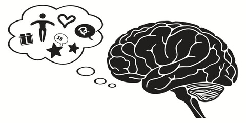 Black and white conceptual illustration of human brain with emotional thoughts thinking humanity psychology cognitive intelligence consciousness imagination creativity illustration abstract © RABBYMIA
