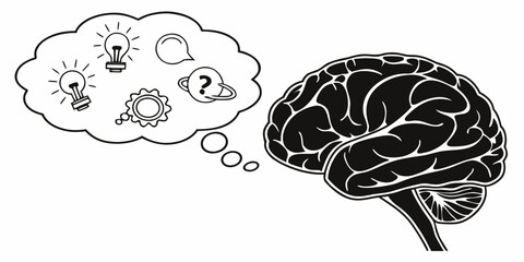 Black and white conceptual graphic of human brain thinking of ideas and possibilities with thinking lightbulb innovation creativity question imagination intelligence knowledge consciousness © RABBYMIA