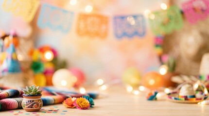 Fototapeta premium Festive Mexican Fiesta Table Background with Succulent and Papel Picado for Social Media Marketing
