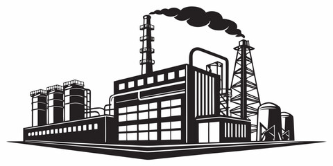 Industrial factory building icon with smoking chimney stack and storage silos vector illustration smoke stack industrial industry manufacturing building production silhouette illustration © RABBYMIA