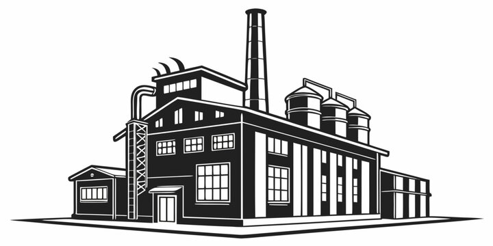 Industrial warehouse factory building silhouette with high chimney and storage tanks smoke stack warehouse industrial building industry silhouette manufacturing production structure facility