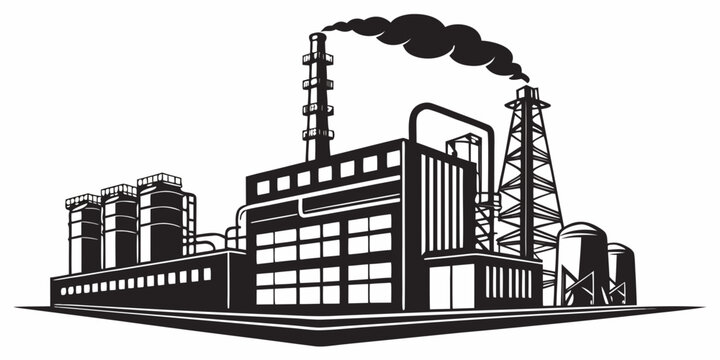 Industrial factory building icon with smoking chimney stack and storage silos vector illustration smoke stack industrial industry manufacturing building production silhouette illustration