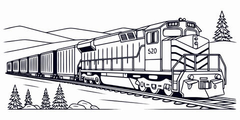 Black and white drawing of a cargo train moving through a landscape with transport locomotive landscape industry illustration mountain traveling shipping logistics railroad transportation © RABBYMIA