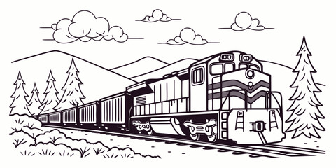 Black and white line art illustration of a freight train passing through a mountainous landscape with coniferous trees and fluffy clouds in the background railroad landscape mountains locomotive © RABBYMIA