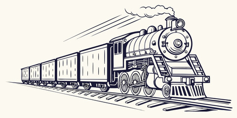 Classic steam locomotive train moving on tracks with smoke locomotive transport illustration railroad movement traveling transportation shipping logistics industry monochrome mechanical © RABBYMIA