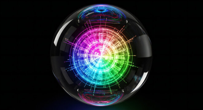 A digital illustration of a disco ball on a dark black background features a blue and green fractal pattern that resembles a high-tech radar screen or a glowing global internet network
