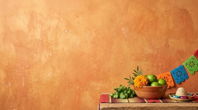 Authentic Mexican Day of the Dead celebration background with marigolds and limes on rustic table