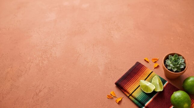 Mexican Fiesta Celebration Background with Serape Blanket Limes and Succulent on Terracotta Surface
