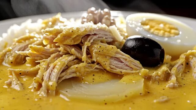 Delicious Peruvian Aji Amarillo Chicken Stew with Rice and Egg.