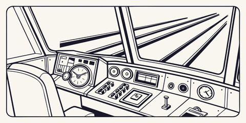 Train conductor control panel interior schematic line drawing with dashboard locomotive transportation interior steering switches railroad perspective illustration infrastructure navigation © RABBYMIA