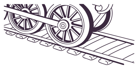 Graphic illustration of antique train wheels resting on metal railway tracks with locomotive transportation railroad industrial illustration isolated heritage transport silhouette carriage © RABBYMIA