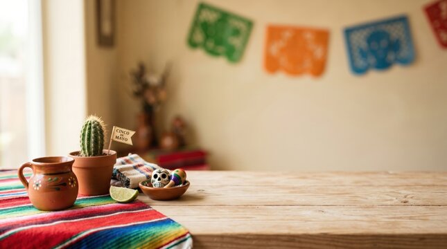 Mexican fiesta restaurant table background with cactus clay mug and skull on wood