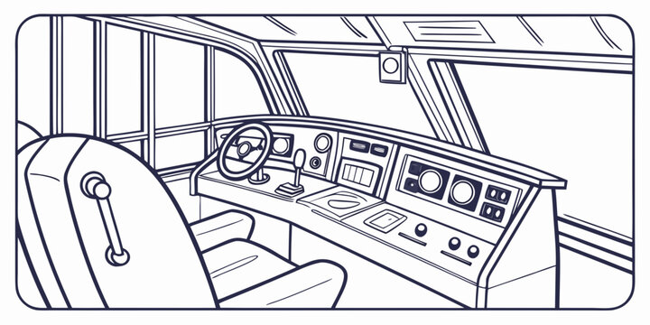 Train driver cockpit interior view line art drawing with dashboard steering locomotive transportation illustration interior speedometer technology operator machinist perspective carriage