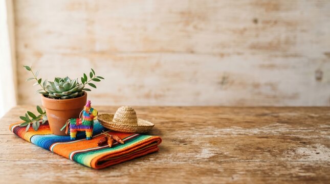 Cinco de Mayo festive background with mini pinata, sombrero and succulent on rustic wooden table