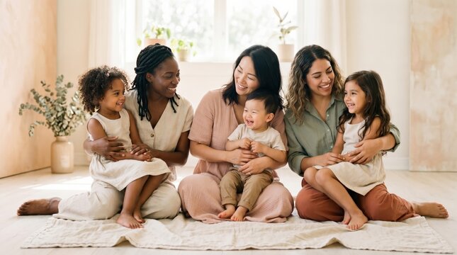 Diverse multicultural mothers and young children sitting on floor for playgroup in bright home
