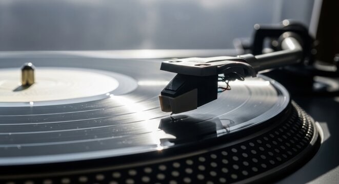 Closeup of a vintage vinyl record player needle on a spinning record.