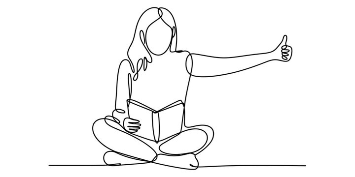 Continuous single line drawing of a woman sitting and reading a book while giving a thumbs up gesture Vector, illustration