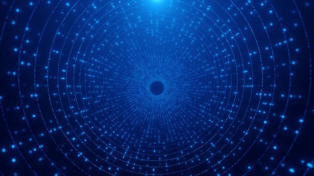 Digital matrix particles grid cybersecurity technology digital data protection. Protect internet network connection polygons, dots lines in the center blur slow motion innovation dark blue background.