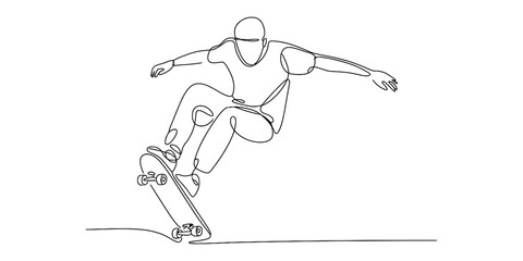 Continuous single line drawing of a man riding a skateboard doing a trick jump Vector, illustration © DCB Line Stocker