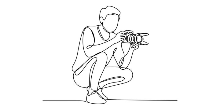 Continuous single line drawing of a young photographer kneeling and holding a camera to take a photo Vector, illustration