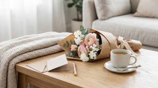 Cozy morning gratitude ritual with pink ranunculus bouquet, tea, and handwritten card on wooden table