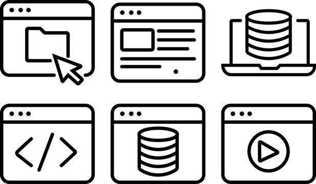 Web development and database icons in a set of six browser windows on white background