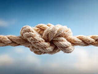 Fototapeta premium A close-up shot captures a detailed rope knot against a soft blue sky.