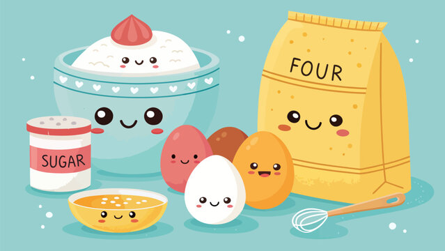 Cute baking ingredients set with kawaii faces, including a bowl of flour, a bag of flour, sugar, eggs, and a whisk, vector illustration