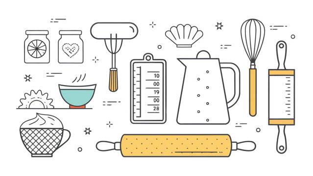 Set of kitchen utensils and baking tools, including rolling pins, whisk, measuring jug, jars, and bowls, line art style illustration