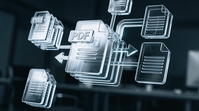 Futuristic Digital PDF Document Management System with 3D Glass Icons and Data Flow Connection Arrows