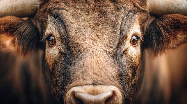 A majestic bull stares intensely, capturing a moment of striking detail and powerful presence.