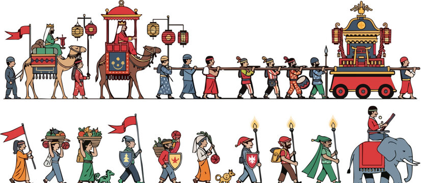 Ancient Silk Road caravan vector illustration, historical merchant procession with camels and elephant, traditional oriental parade with palanquin