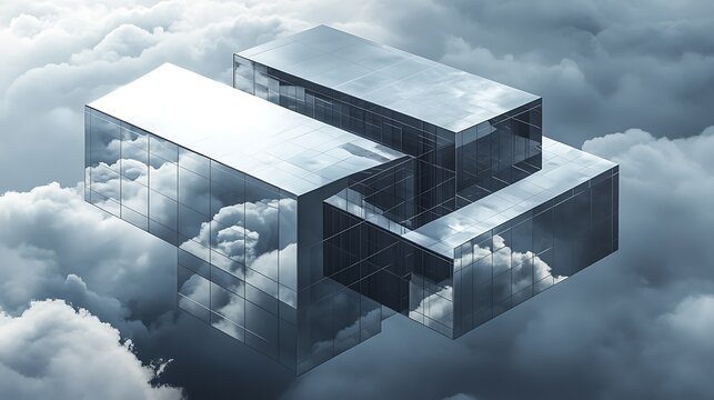 Surreal geometric glass building floating amidst ethereal clouds, reflecting sky and atmosphere in a dreamlike digital art composition.