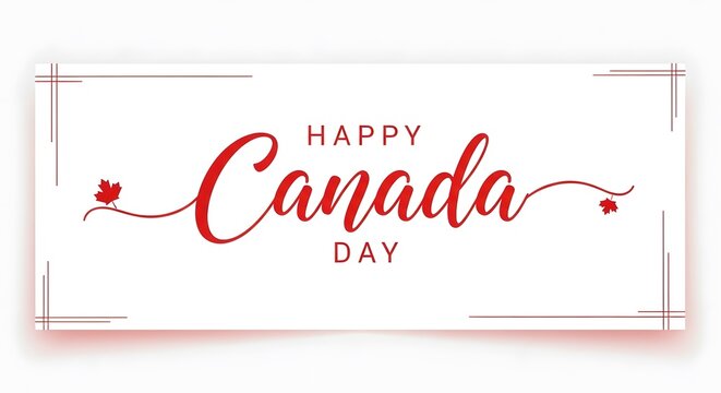 Happy Canada day text in red script font with maple leaf accents and thin border lines.