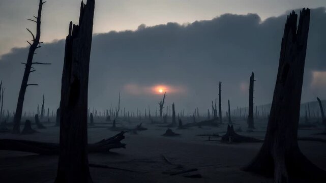 Desolate landscape with dead trees at sunrise. Post apocalyptic world showing dark burned forest after extinction event. Gloomy atmosphere of prehistoric earth.