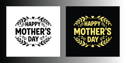 Obraz premium Happy Mothers Day text with floral wreath and hearts black and gold greeting celebration