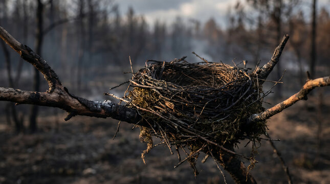 An empty bird's nest rests on a burnt tree branch amidst a smoke-filled, fire-ravaged forest landscape.
