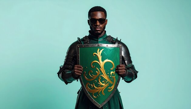 Man in Armor Holding Emblem Shield.
