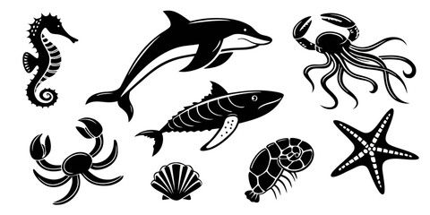 Collection of marine life silhouettes including dolphin shark and crustacean with wildlife silhouette starfish seahorse underwater creature illustration collection environment ecosystem © MD MOGAMMEL HAQUE 