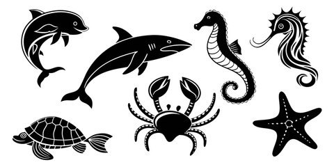 Set of black silhouette marine animals icons including dolphin shark seahorse crab turtle and starfish with sea life sea creature wildlife creature underwater collection silhouette illustration © MD MOGAMMEL HAQUE 