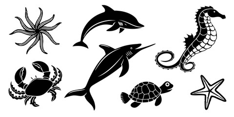 Vector icon collection of marine life silhouettes featuring crabs turtles dolphins and starfish sea life sea creature animal set wildlife underwater silhouette collection starfish seahorse © MD MOGAMMEL HAQUE 