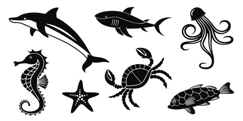 Assorted black silhouettes of marine animals and sea creatures set with wildlife silhouette starfish seahorse jellyfish underwater creature illustration collection environment ecosystem © MD MOGAMMEL HAQUE 