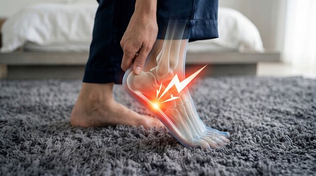 Woman touching heel with digital overlay of bone anatomy showing inflammation. Medical representation of plantar fasciitis and foot pain. Injury diagnostic and healthcare treatment concept.